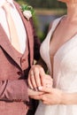 the groom and the bride hold hands. White wedding dress Royalty Free Stock Photo