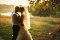 Groom and bride is kissing on the background lake and forest Royalty Free Stock Photo