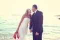 Groom and bride kissing on the beach on a sunny day Royalty Free Stock Photo