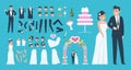 Groom and bride kit. Cartoon wedding characters constructor, bride and groom body elements. Vector wedding celebration