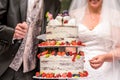 Groom and bride marriage Cutting the delicious fruity Wedding Cake together colorful fruits Royalty Free Stock Photo