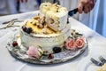 Groom and bride marriage Cutting the delicious fruity Wedding Cake together colorful fruits Royalty Free Stock Photo