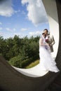 Groom and bride in modern architectural background