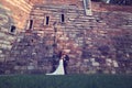 Groom and bride near a brick wall Royalty Free Stock Photo