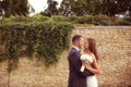 Groom and bride outdoors on their wedding day Royalty Free Stock Photo