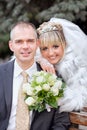 Groom and the bride in park on a bench Royalty Free Stock Photo