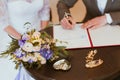 Groom and bride register marriage