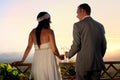 Groom and bride toasting on a terrace eye contact rear view Royalty Free Stock Photo