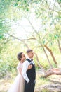 Groom and bride together. couple hugging. Wedding day. Beautiful bride and elegant groom walking after wedding ceremony. Royalty Free Stock Photo