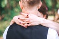 Groom and bride together. couple hugging. Wedding day. Beautiful bride and elegant groom walking after wedding ceremony. Royalty Free Stock Photo