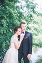 Groom and bride together. Wedding romantic couple outdoor Royalty Free Stock Photo