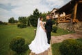 Groom and bride walk in the park on their wedding day. Happy couple spend time together Royalty Free Stock Photo