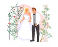 Groom and bride wearing ceremonial dress and suit vector illustration