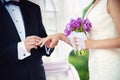 Groom and bride during wedding ceremony, close up on hands. Wedding couple and outdoor wedding ceremony Royalty Free Stock Photo