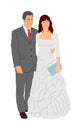 Groom and bride wedding day, in dress and suit illustration. Wedding couple. Happy bride and groom on ceremony.