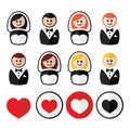 Groom and bride, wedding icons - black, blonde, ginger hair, brunette