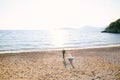 Groom and bride in a white dress with a bouquet of flowers holding hands are walking along the beach by the sea against Royalty Free Stock Photo