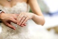 Groom and brides hands with rings,Rings of husband and wife.