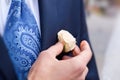 Groom correcting rose in buttonhole