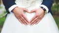 Groom creating heart shape with his hands on the back of the bride. Royalty Free Stock Photo