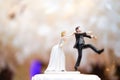 Groom doll and statue is running away but bride can catch him finally. the funny wedding story doll on the top of cake