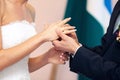 Groom dresses a ring on finger to the bride