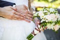 Groom embraces the bride with wedding bouquet. rings on the hands of newly-married couple. bride put her hands on the shoulders of Royalty Free Stock Photo