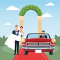 Groom holding bride in his arms and red classic car in just married scenery, colorful design