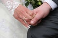 Groom holds the bride by the hand closeup Royalty Free Stock Photo