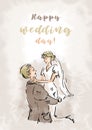 The groom holds the bride in his arms. Watercolor Greeting card with a wedding day