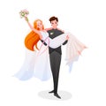 Groom holds the bride in his hands, happy couple. Cartoon bearded man character in suit and happy woman in fashionable