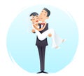 Groom Holds Cute Bride on Arms Vintage Happy Smiling Male Female Wedding Marriage Symbol Icon Retro Cartoon Design Royalty Free Stock Photo