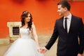 Groom holds a hand of beautiful bride standing behind an orange Royalty Free Stock Photo