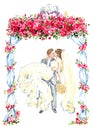 The groom holds his bride in his arms and kisses under gazebo decorated with red roses and two kissing pigeons on the top