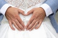 Groom holds his hands in the shape of a heart on the back of the bride in a white dress