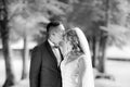 Groom hugging bride tenderly and kisses her on forehead during photo shooting in park. Royalty Free Stock Photo