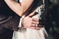 Woman and man in wedding dress outdoors huging. A young man gently embraces his bride in a wedding dress Royalty Free Stock Photo