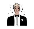 Groom icon. Linear drawing of a young man in a suit, vintage illustration, hand drawing. Full color vector hand drawing Royalty Free Stock Photo