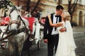 Groom kisses a bride behind a carriage Royalty Free Stock Photo