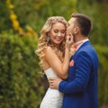 The groom kisses the bride in a green Park Royalty Free Stock Photo