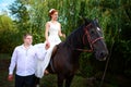 The groom leads the horse by the bridle. Bride sits in the saddl Royalty Free Stock Photo