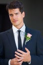 Groom man, portrait and wedding in suit, rose or flower for celebration, event or party with ring. Person, hands and Royalty Free Stock Photo