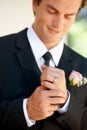 Groom man, ring and happy for wedding, celebration or commitment to relationship, thinking or pride. Person, metal