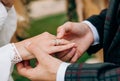 Groom plaid suit puts ring bride hand