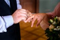 Groom Put on Wedding Ring Bride Hand Royalty Free Stock Photo