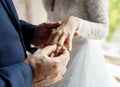 Groom Put on Wedding Ring Bride Hand Royalty Free Stock Photo