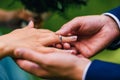 Groom puts bride a wedding ring of gold on his finger Royalty Free Stock Photo