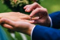 Groom puts the bride a wedding ring of white gold on his finger Royalty Free Stock Photo