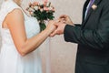 Groom puts a gold wedding ring on the bride`s finger Royalty Free Stock Photo