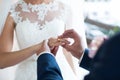 The groom puts a ring on the bride& x27;s finger during the wedding ceremony. Royalty Free Stock Photo